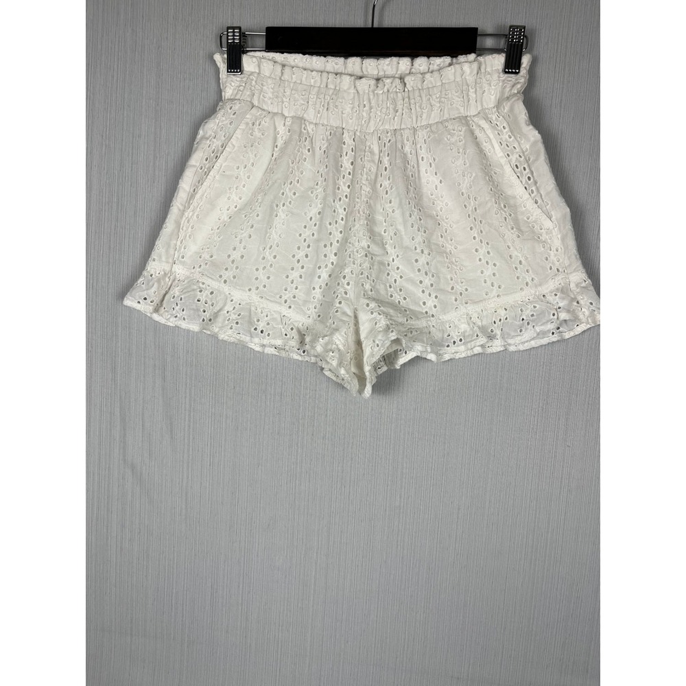 Hollister Shorts Women XS White Eyelet Ultra High-Rise Ruffle Cotton Cottagecore - Picture 2 of 9